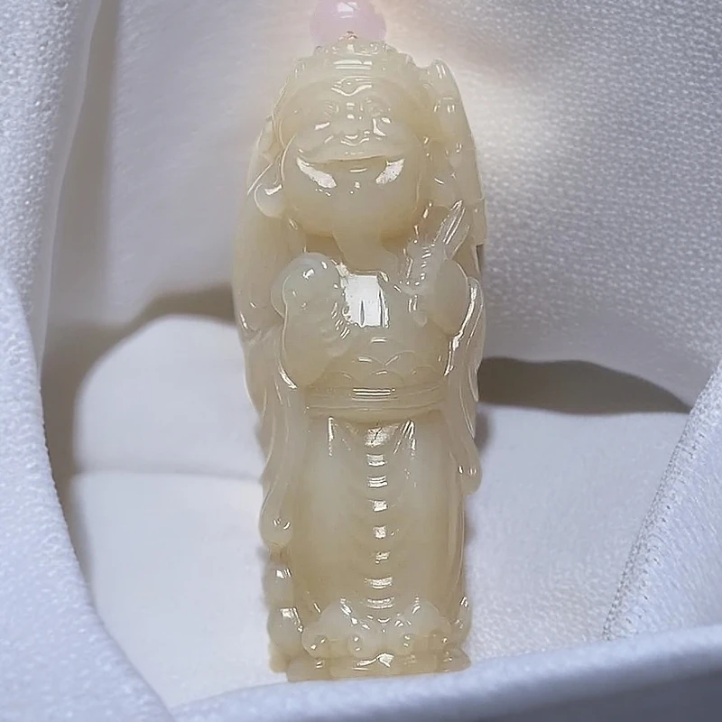 时尚精品和田玉浓藕粉超大财神手把摆件