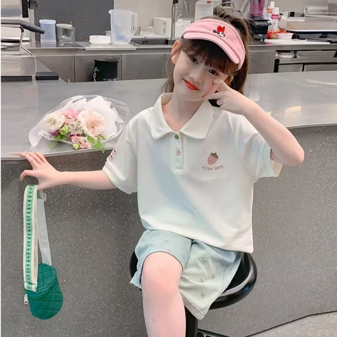 【陈思晨】甜美可爱~夏季草莓刺绣POLO领百搭短袖8235