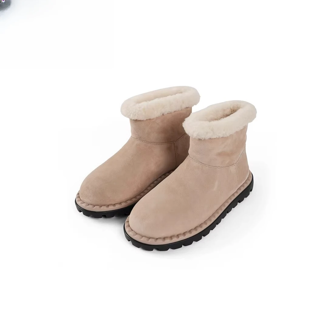 时髦羊反绒加绒羊羔皮毛一体雪地靴毛毛短靴秋冬鞋子圆头耐磨时尚