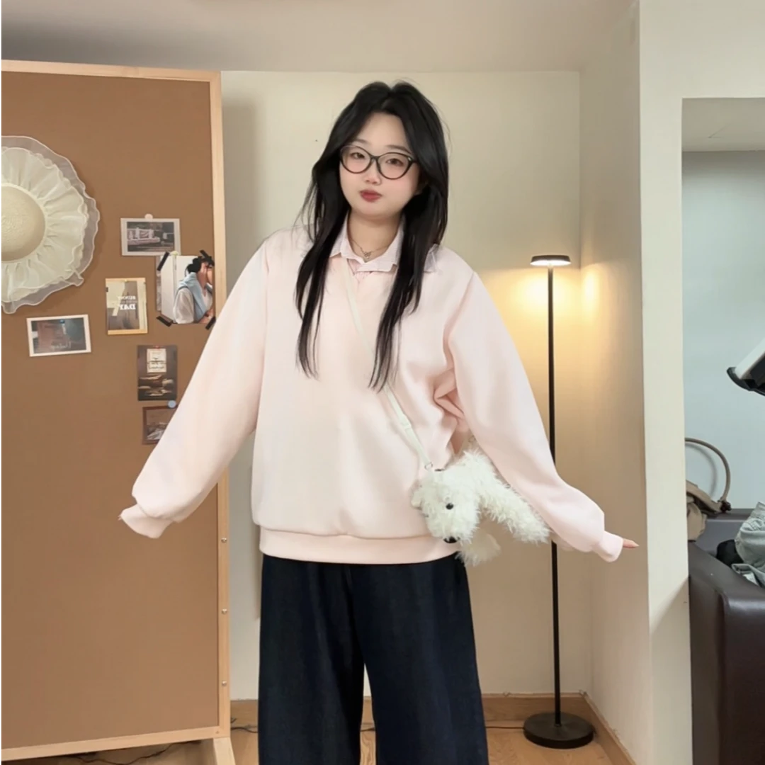 秋季甜美正肩显瘦遮肉假两件卫衣长袖大码女装微胖mm200斤