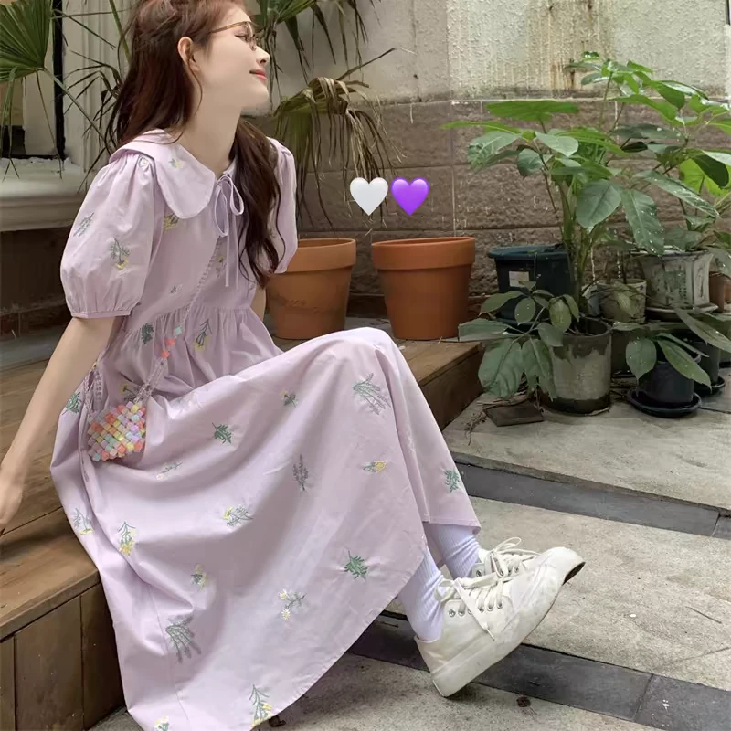 女大童短袖连衣裙夏季甜美少女孩初中学生胖童宽松刺绣碎花长裙子