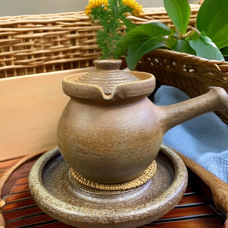 云南纯手工粗陶侧把烤茶罐可干烧煮茶壶煮水柴烧壶