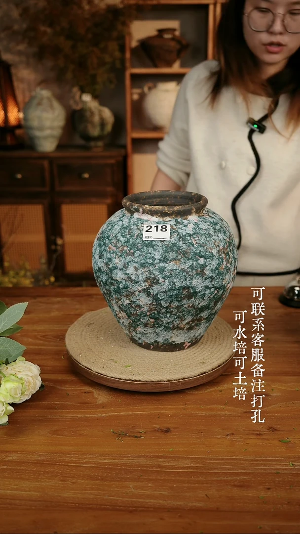 摆件陶218孔雀绿大肚瓶可水培可土培