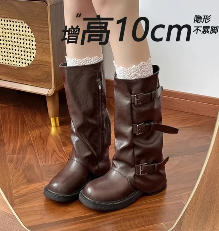 2025新款内增高10cm厚底真皮复古西部牛仔靴长筒裤管堆堆骑士靴