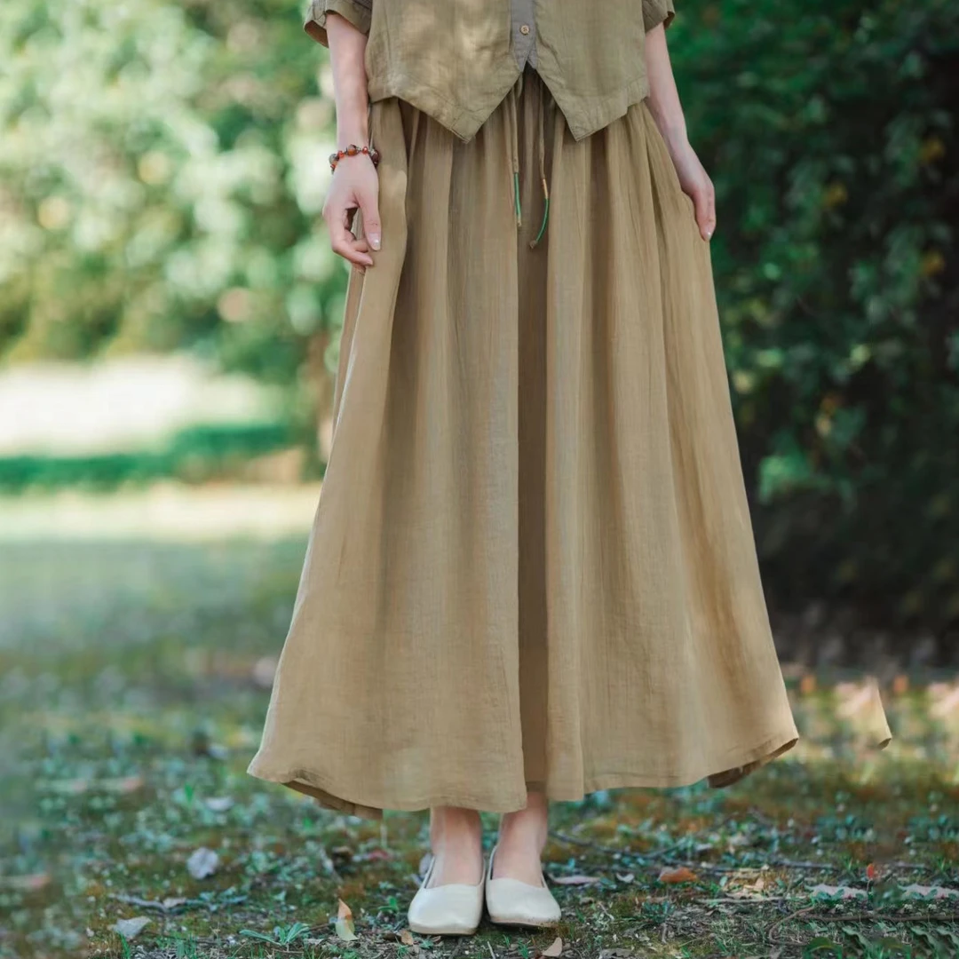 （直播高品质气质半身裙）8369夏季新款复古文艺风双层纯色半身裙