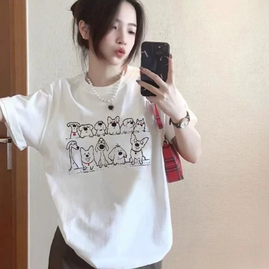 萌宠狗狗100%纯棉夏季创意印花圆领短袖卡通男女情侣款学院风T恤