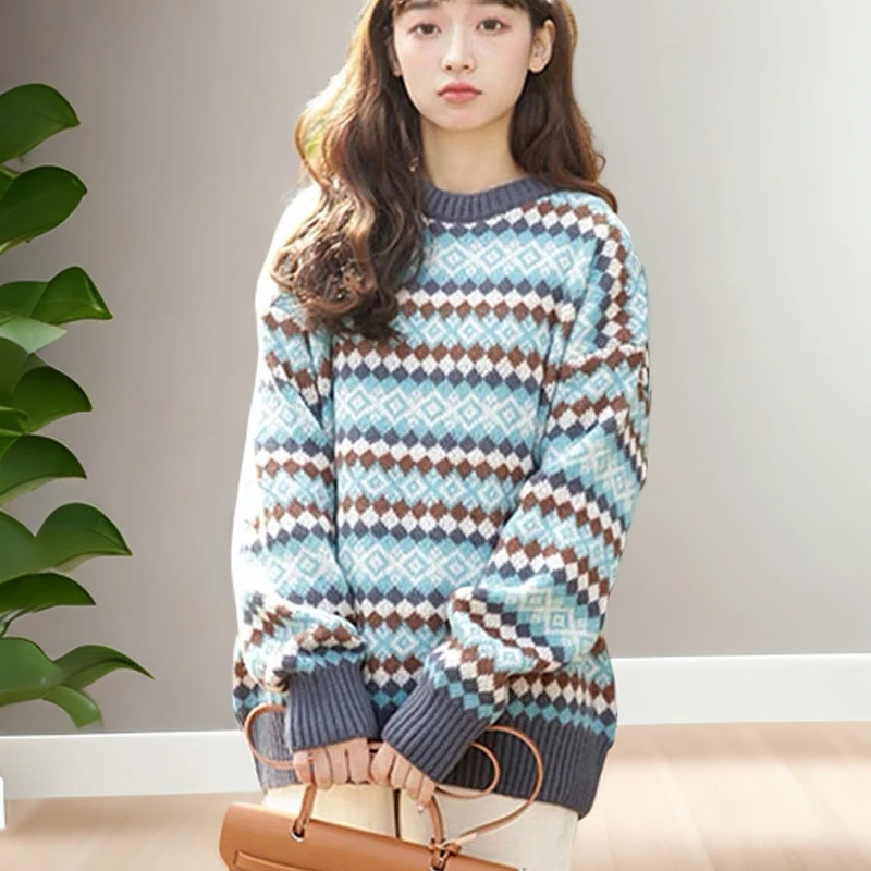 【蓝色-小格子厚款保暖毛衣】秋冬季必备宽松百搭加厚加软毛衣