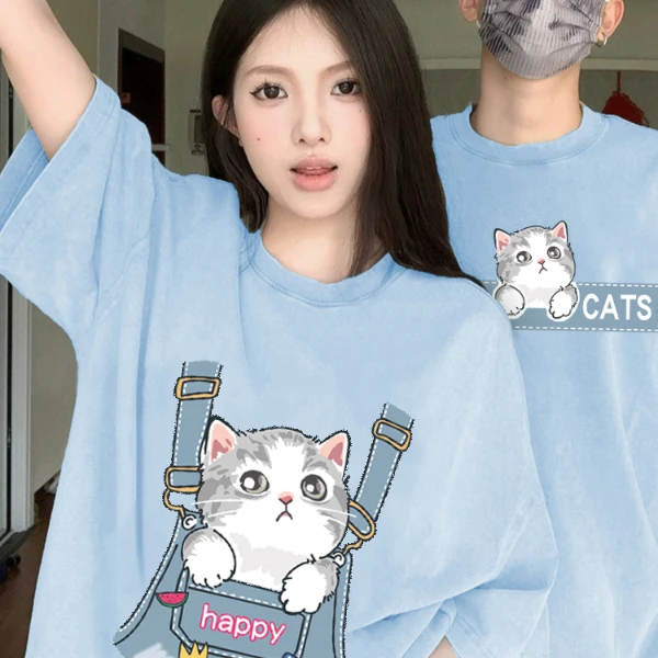 不一样口袋猫咪情侣装夏日蓝色系短袖2025新款潮牌设计感小众t恤
