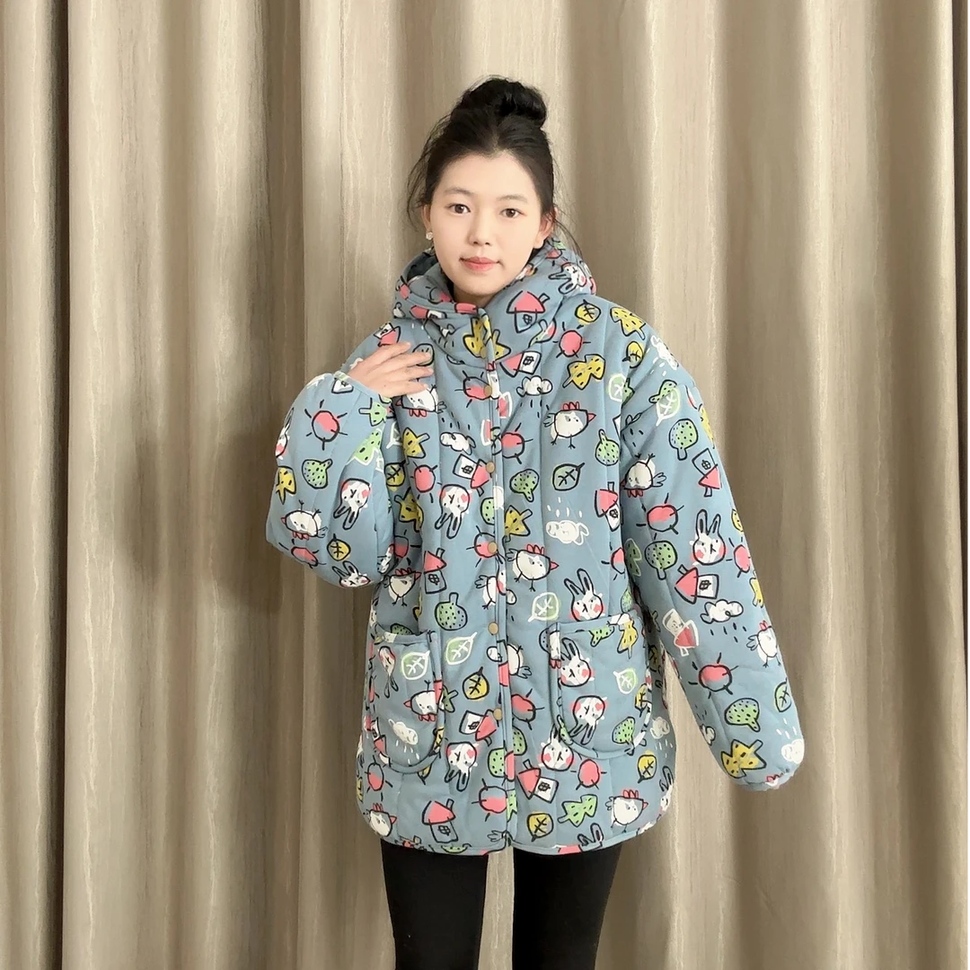【奇妙涂鸦】连帽开叉贴袋中长款棉花衣家居服厚棉衣棉服女