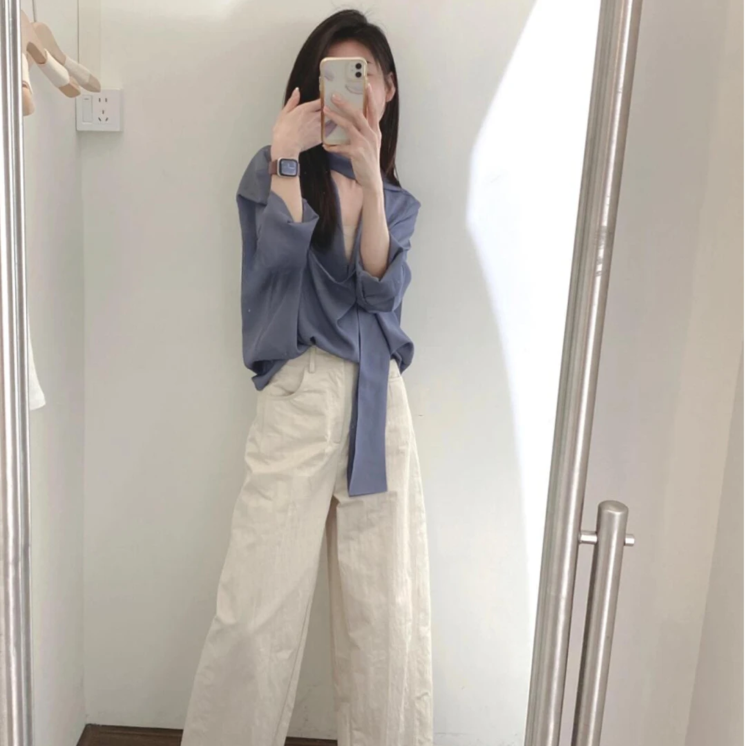 2025款时尚套装气质夏季洋气休闲衬衫长袖韩版百搭盐系法式阔腿裤
