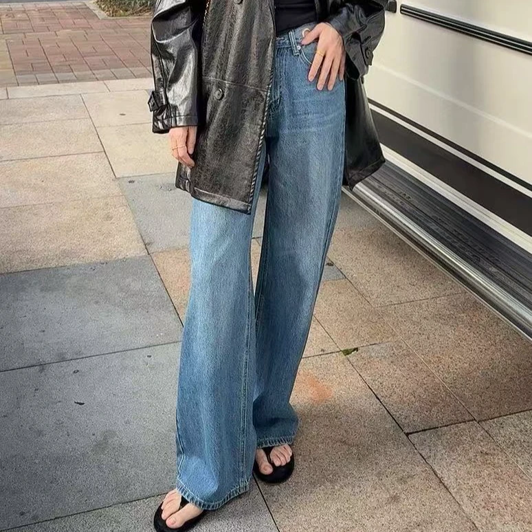 腰金属圈圈直筒牛仔裤