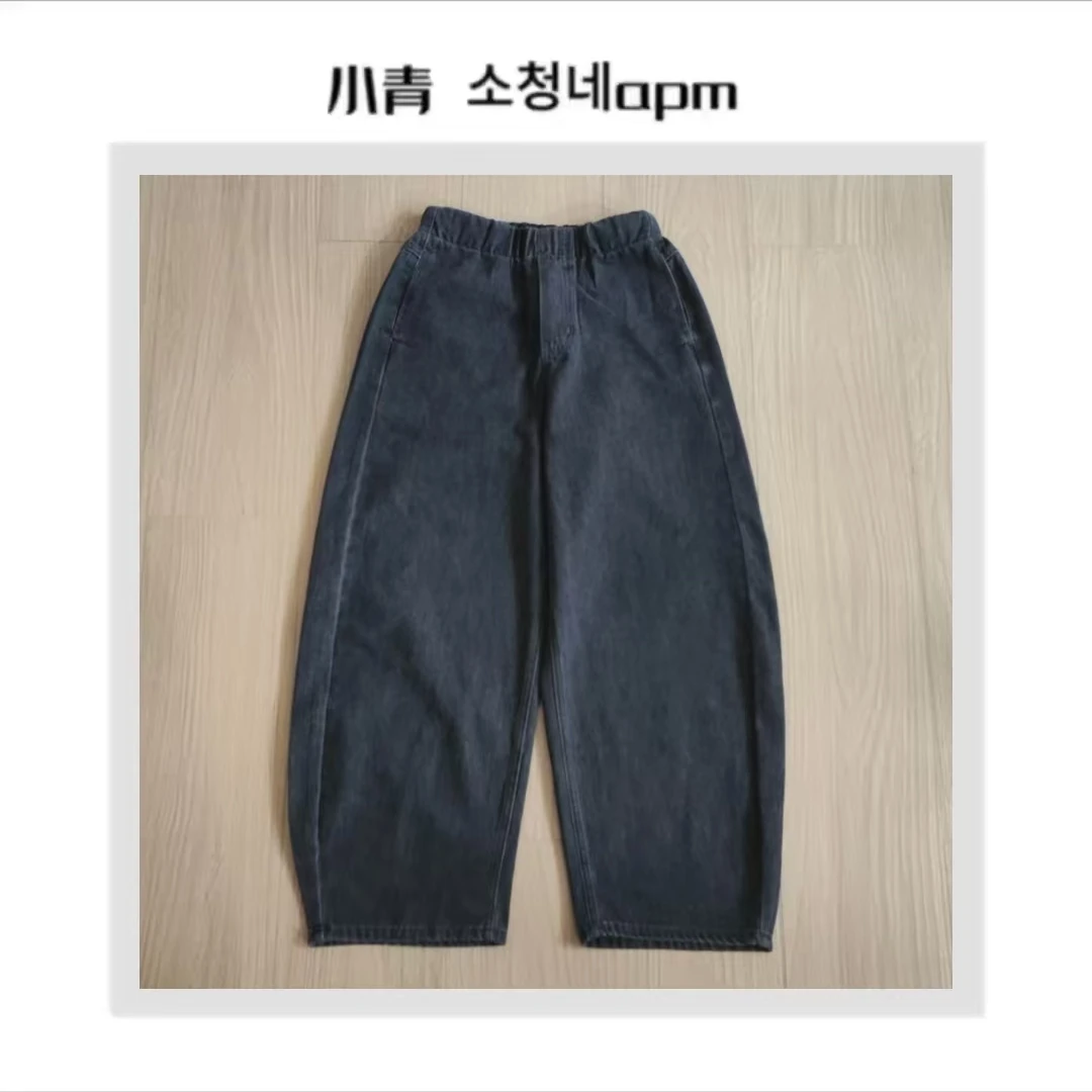 韩国东大门 全松紧腰弯刀阔腿牛仔裤