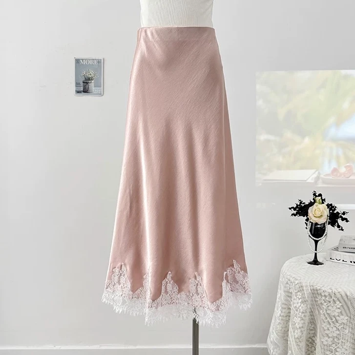 【RRSIFU蓉蓉私服】XS2549蕾丝拼接缎面半身裙高腰垂感包臀鱼尾长裙