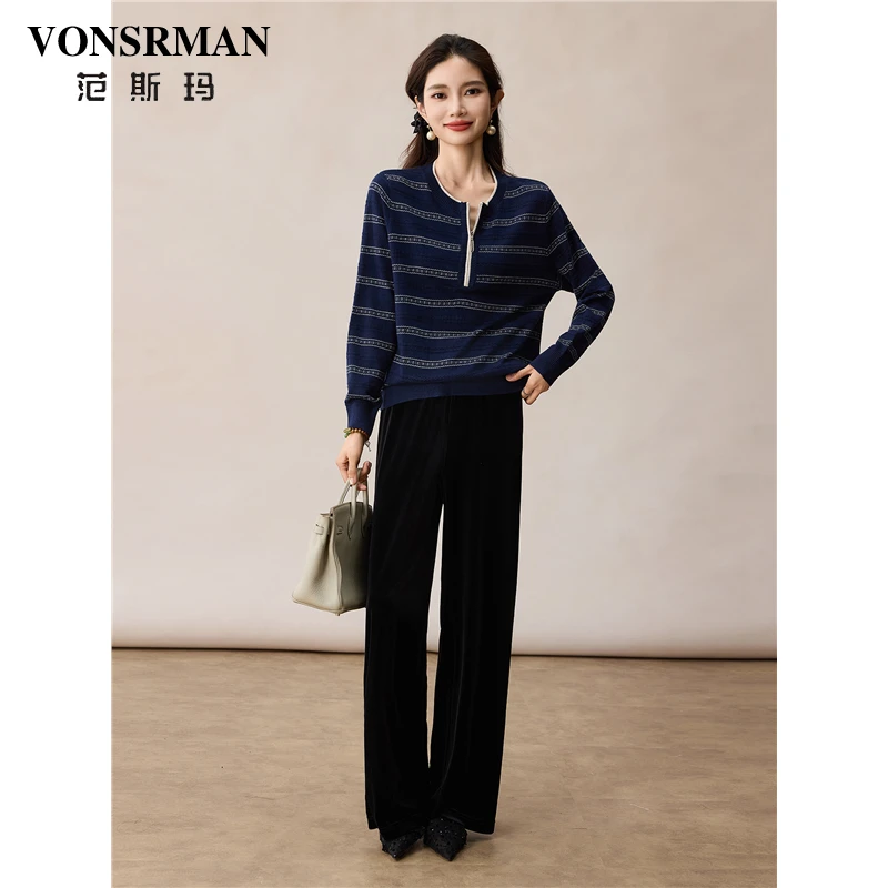VONSRMAN时尚条纹羊毛针织衫女秋季2025新款慵懒宽松休闲百搭上衣
