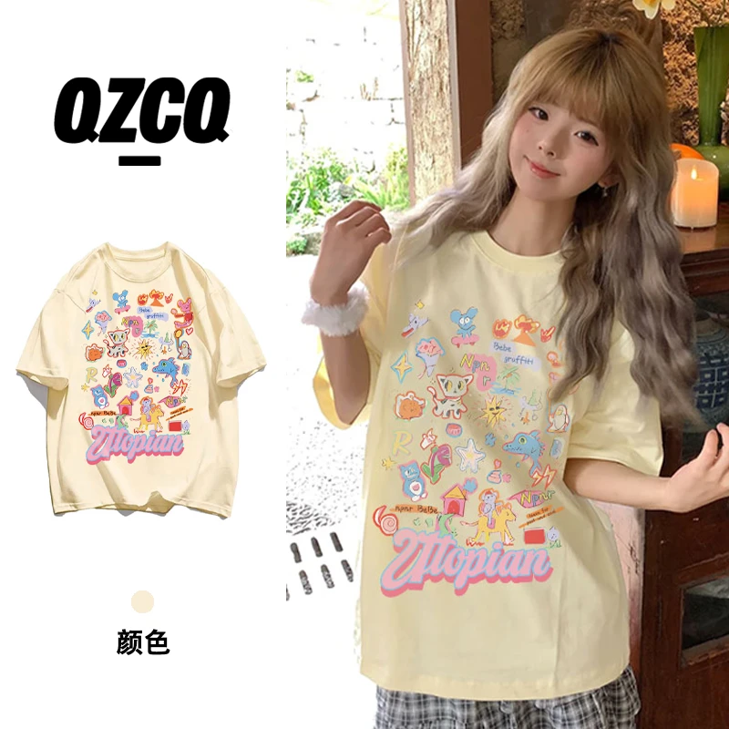 QZCQ韩版卡通复古休闲宽松百搭夏季短袖T恤慵懒设计潮上衣圆领女