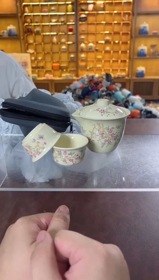 瓷片鸣盏居11111紫藤花手抓壶旅行茶具+包