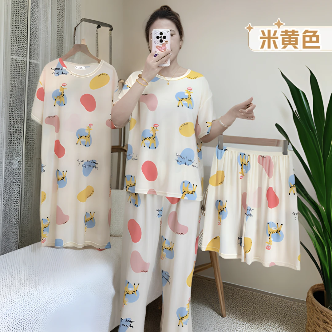 睡衣女夏季套装新款圆领短袖休闲卡通宽松夏季可外穿家居服套装5