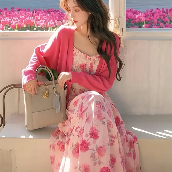 2025春季新款小香风碎花裙女法式甜美温柔风开衫吊带连衣裙两件套