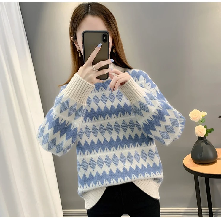 53109-蓝色【晶姐优选】针织毛衣厚款秋冬拼色半高领上衣女宽松百搭