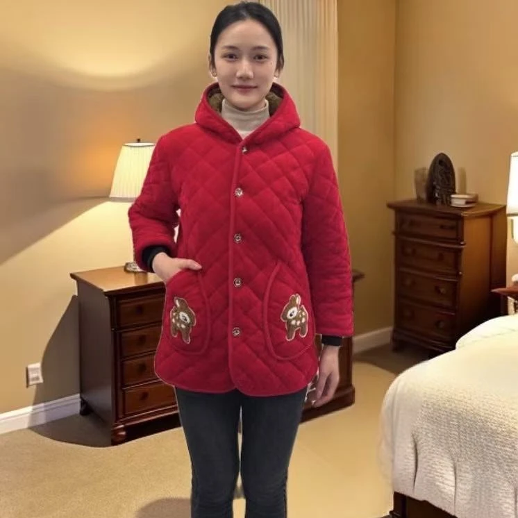 短款连帽水晶绒加绒加棉罩衣省服棉服洋气加厚保暖女士休闲时尚