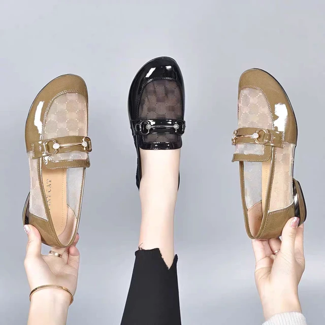 真皮网纱乐福鞋女2025年新款春季薄款镂空透气单鞋软皮漆皮豆豆鞋