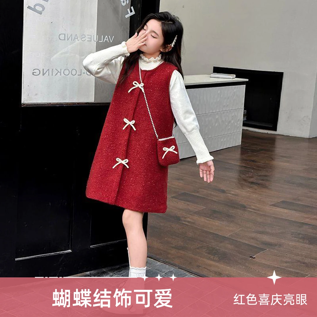 女童韩版保暖裙套装中大童秋冬款洋气时髦打底衫蝴蝶结裙子两件套