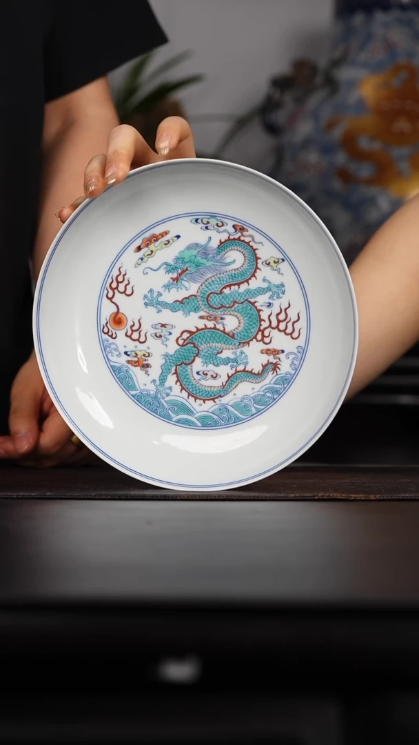 涂杏花斗彩双龙戏珠壶承@@TXH95