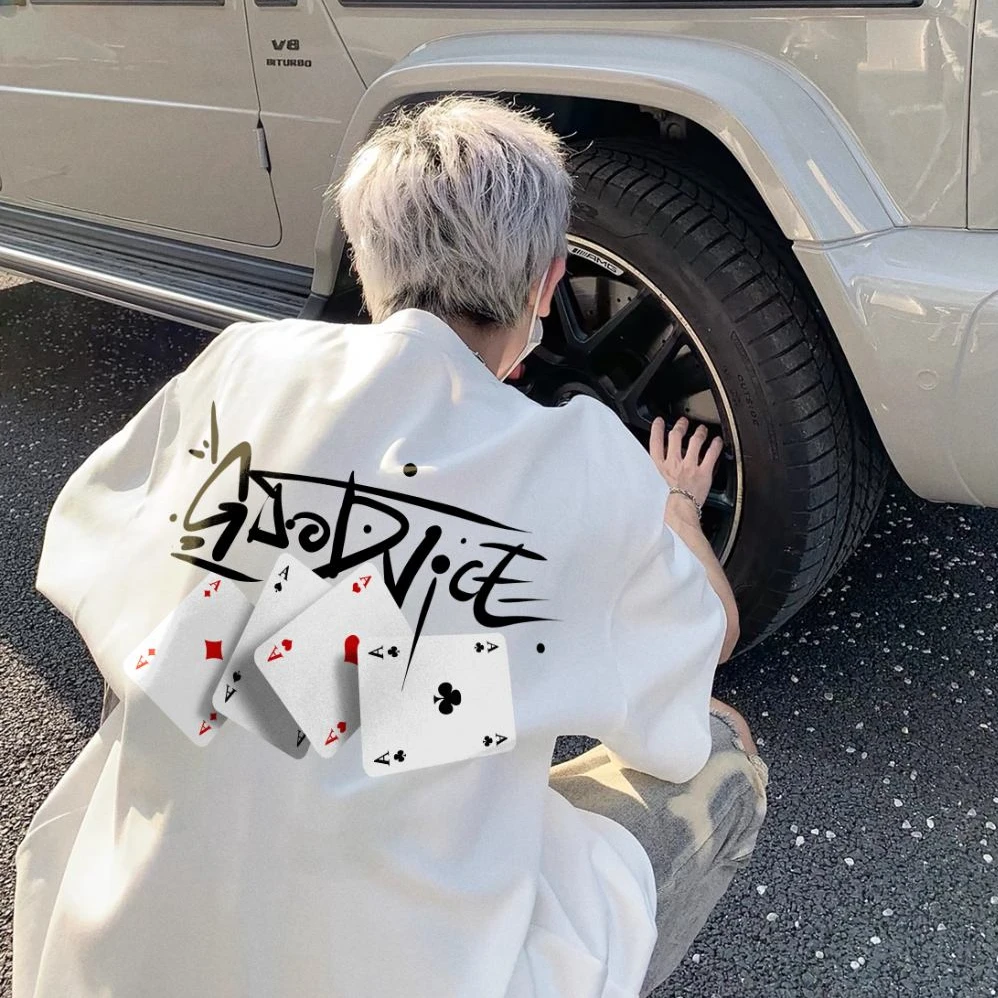 国潮高街纯棉短袖t恤男女宽松型重磅扑克牌印花情侣款圆领上衣服