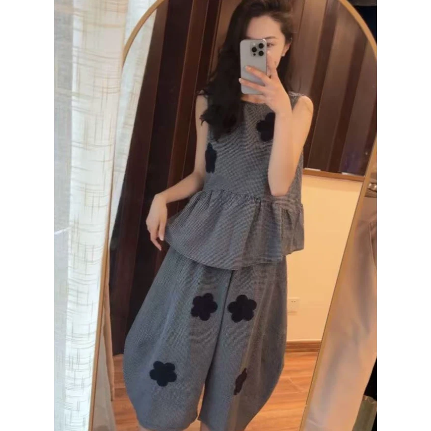 小香风甜美可爱少女格子花朵睡衣女款夏季新款宽松设计感设计感