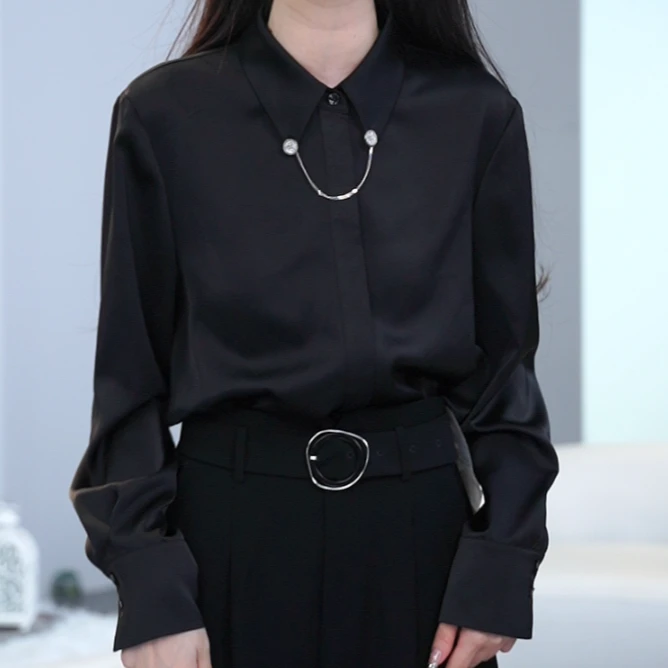 【周周专属】曼德诗春秋衬衫衬衣长袖时尚休闲黑色翻领MD311310681