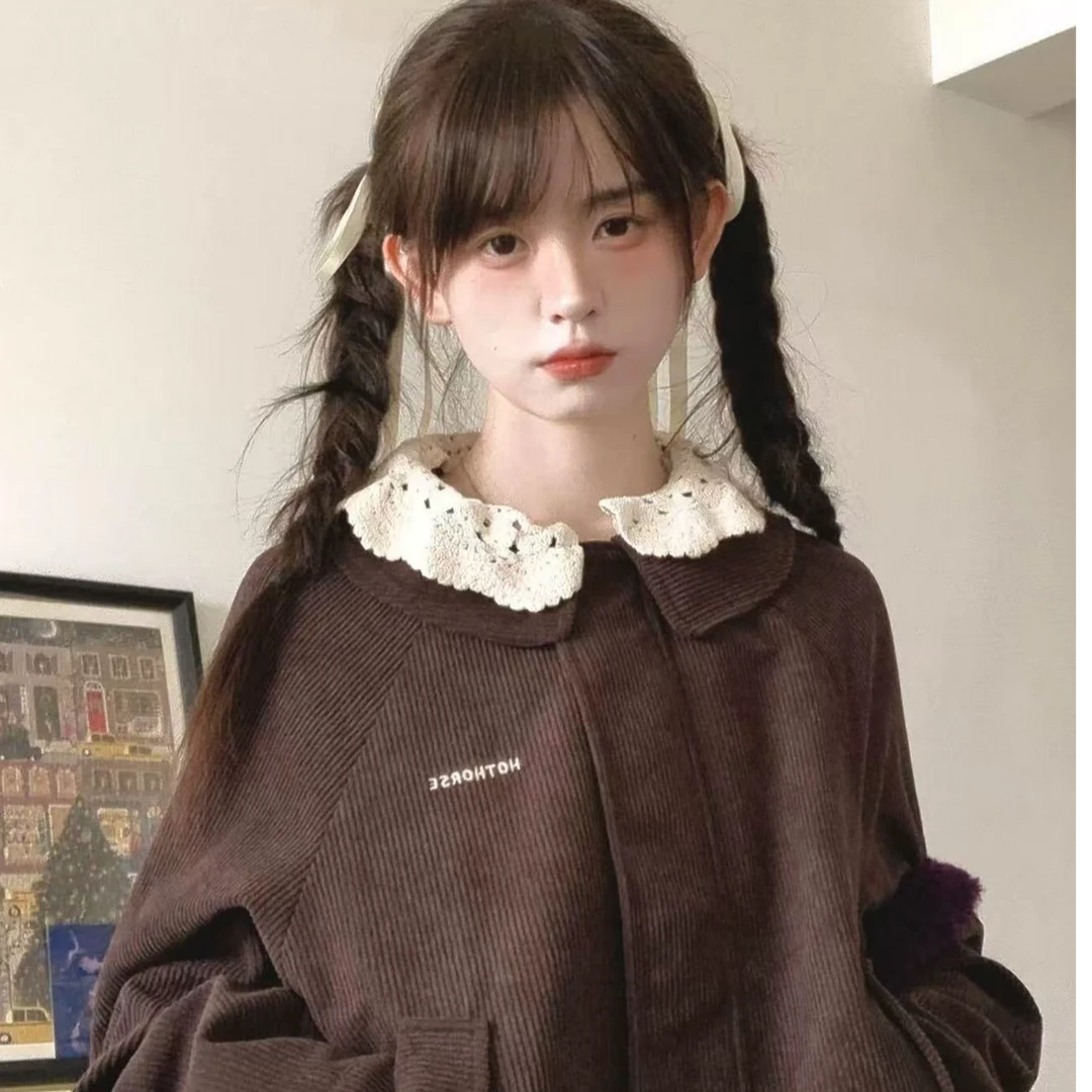 A481-复古灯芯绒外套女秋冬新款小个子蕾丝拼接娃娃领长袖夹克