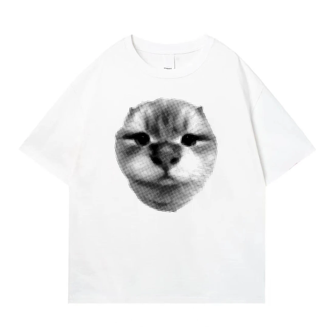【圆点猫猫】280克数码直喷白色纯棉短袖高级感新奇特夏季透气T恤