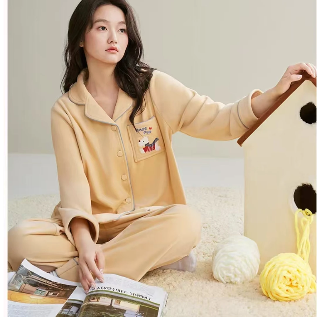 2号链接家居服套装秋冬款长袖长裤女款开衫睡衣印花加胸垫防凸点