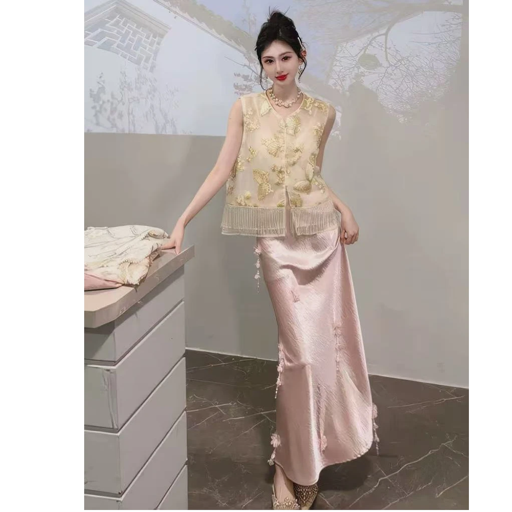 【百媚】新中式国风百搭高级轻奢显瘦气质流苏吊坠缎面醋酸半身裙女