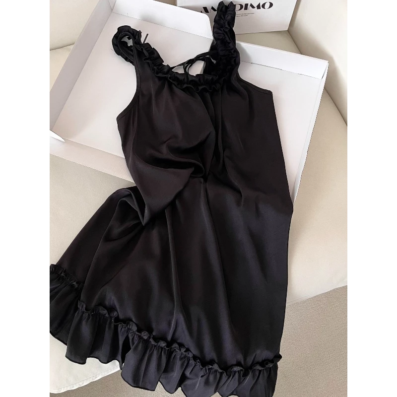 法式少女纯欲木耳边露背系带冰丝睡裙夏季家居服带胸垫吊带裙外穿