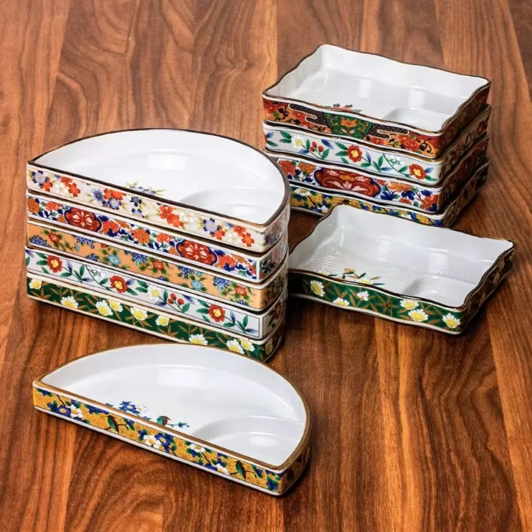 日本进口吾山窑宫廷风伊万里长方半月型陶瓷饺子盘分格家用寿司盘