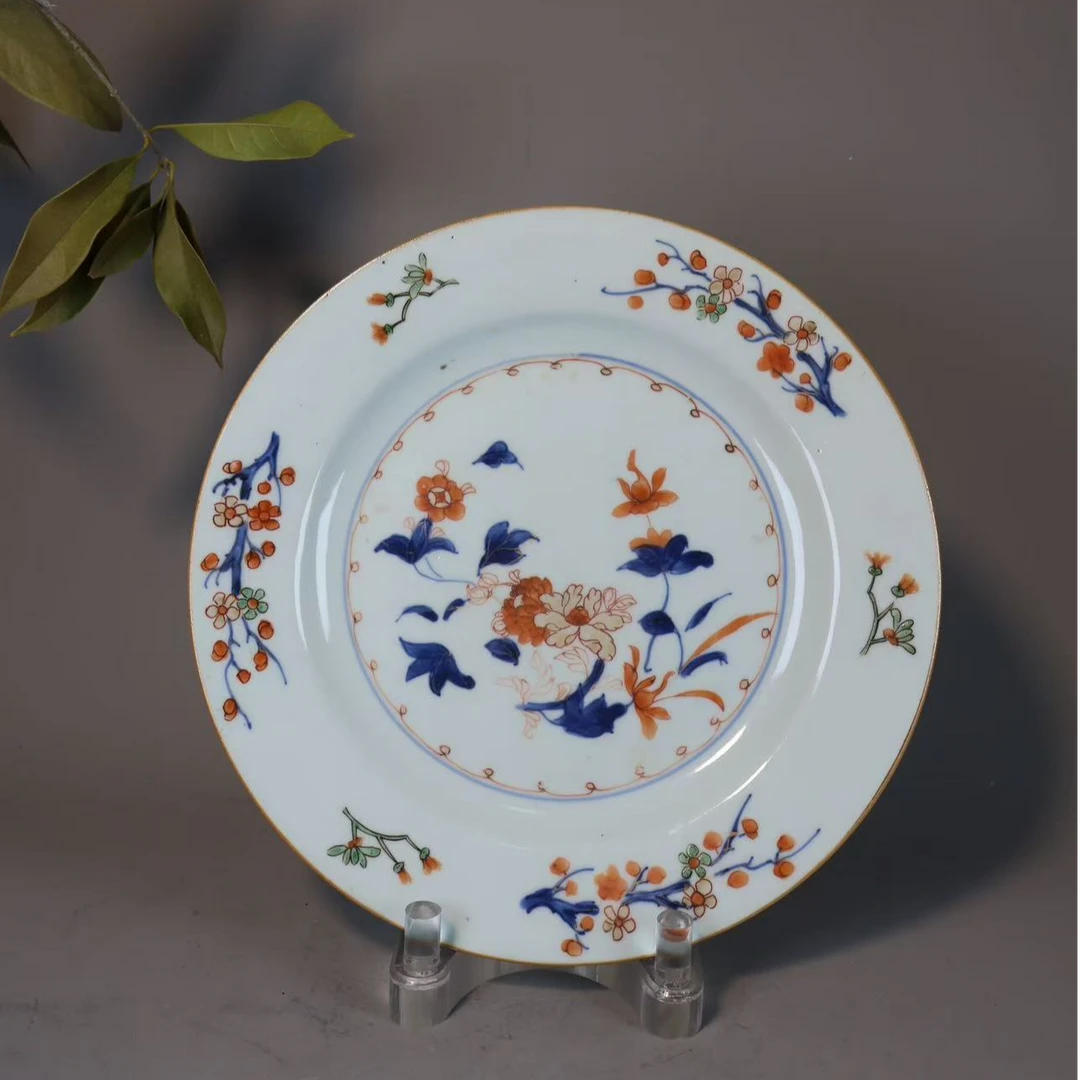 45:清康熙青花矾红加彩牡丹花卉纹盘