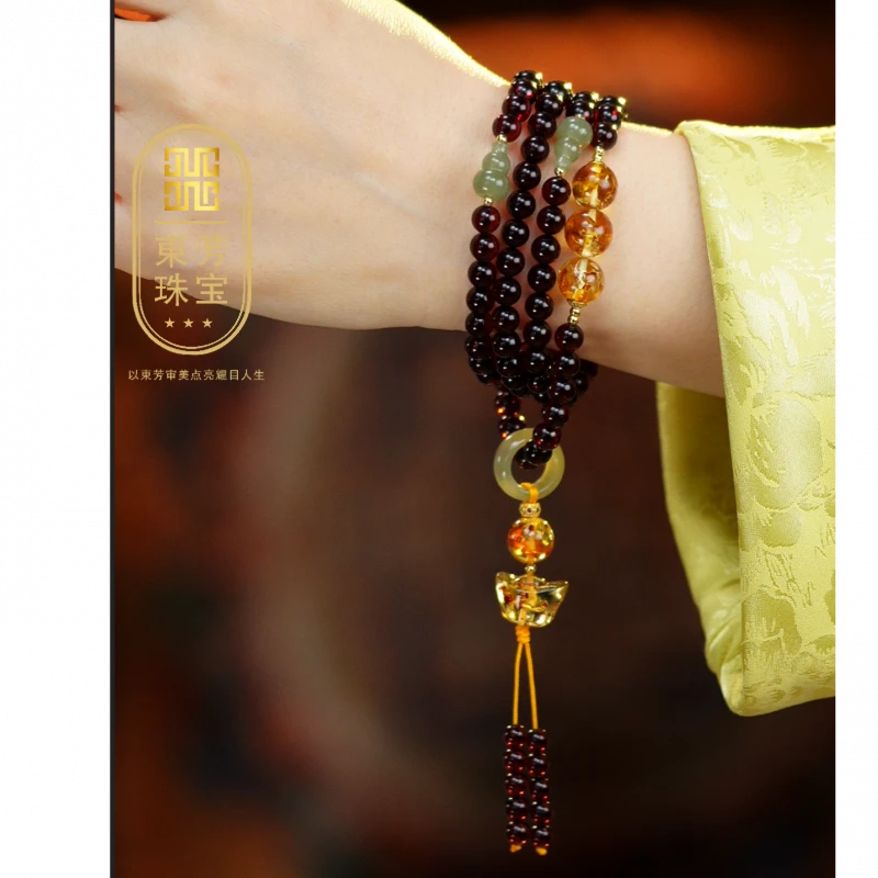 東芳珠宝-6mm缅甸108珠琥珀项链手串和田玉花珀设计款天然血珀