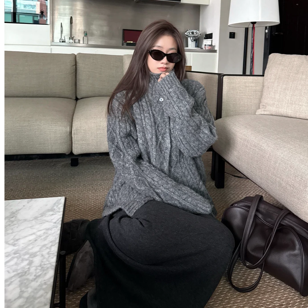 简约套头打底长袖上衣宽松针织开衫外套性感辣妹半身裙时尚套装女