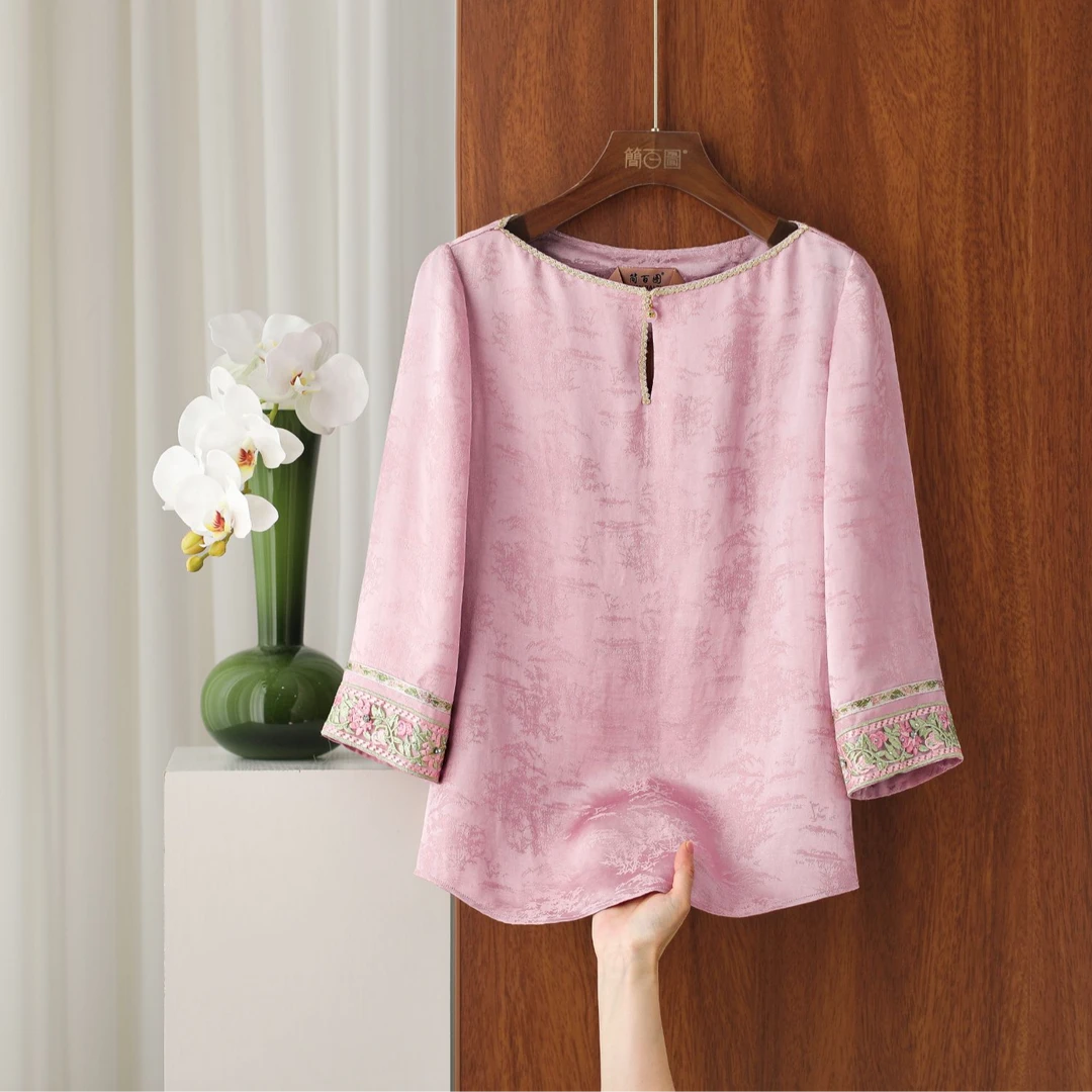 2025新中式粉红色夏季七分袖船领套头提花衬衫