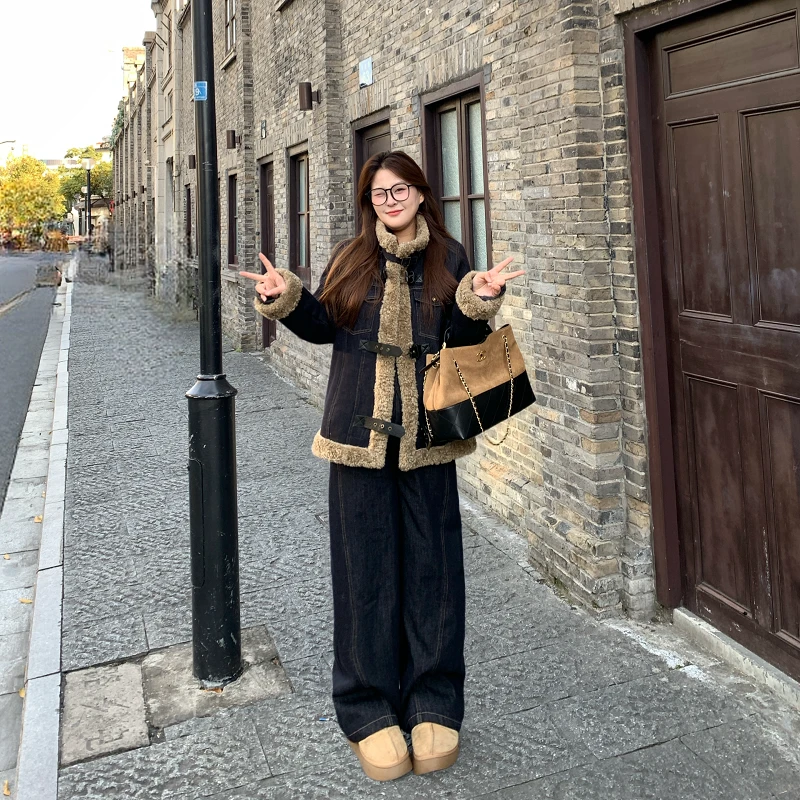 南岛风大码女装保暖羊羔毛拼接冬季加绒牛仔外套女冬款ZYY2692