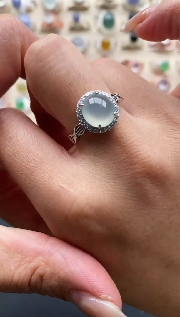 银S925镶嵌戒指翡翠缅甸天然A货翡翠22  6-10