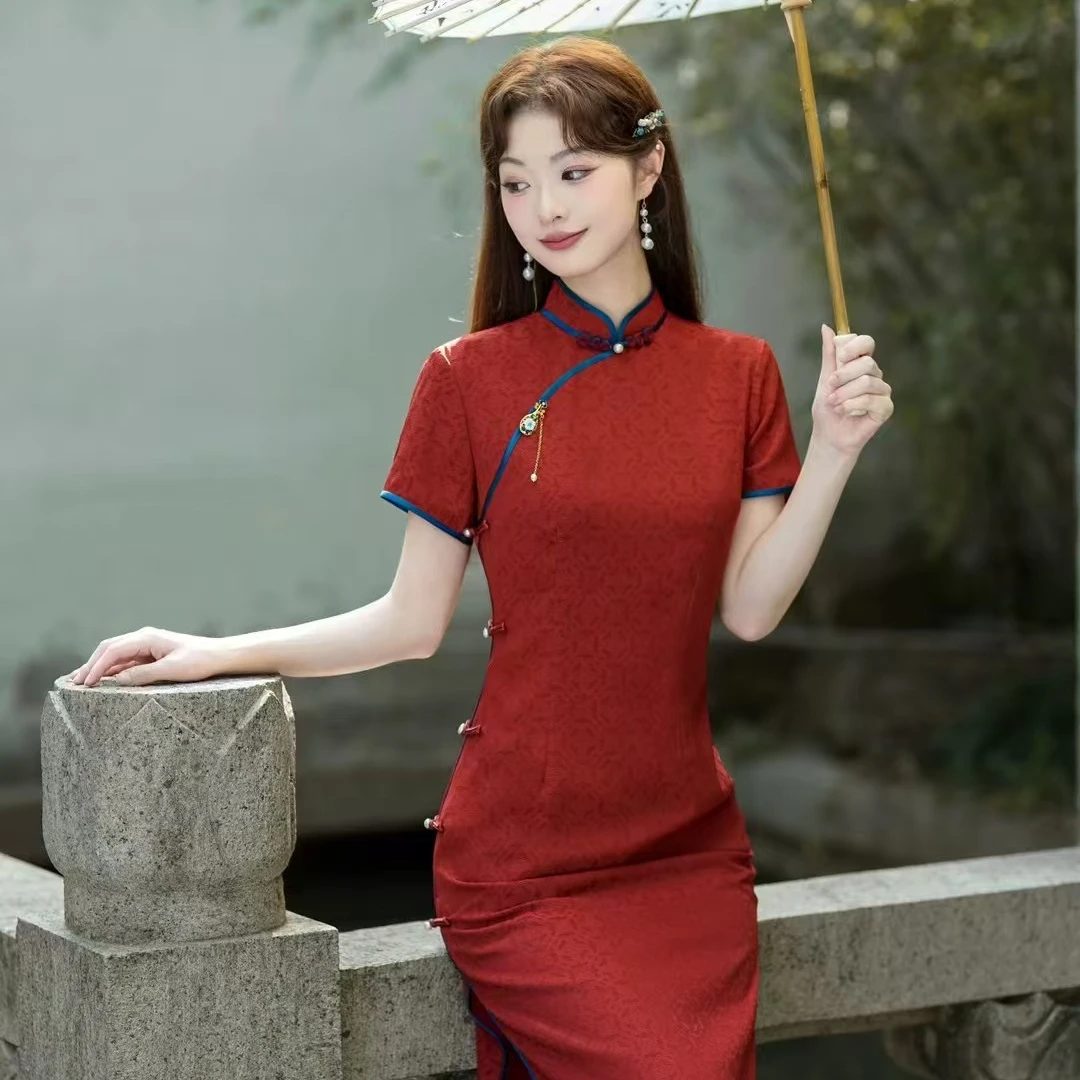 JML红色双层八扣长款改良旗袍春夏新款年轻款复古新娘旗袍敬酒服