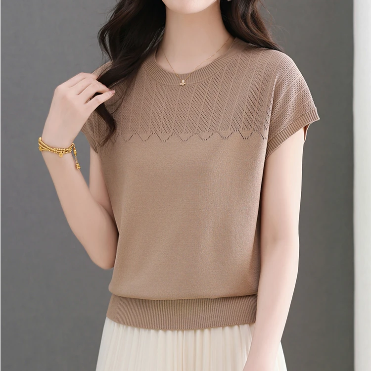 夏季100%天丝女士圆领宽松显瘦套头百搭减龄短款时尚短袖针织衫