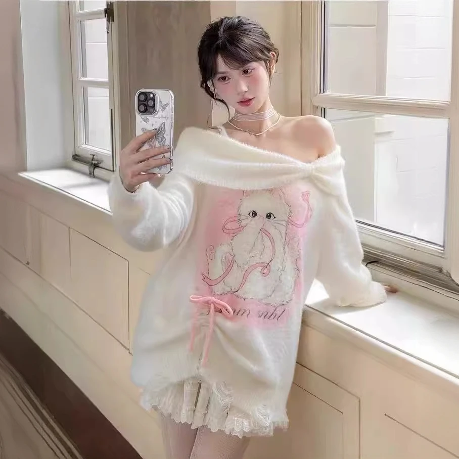 纯欲风软糯可爱喵咪毛衣女2025秋冬新款温柔风甜妹减龄露肩针织衫