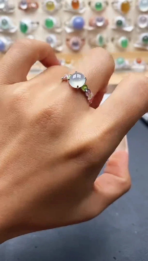 银S925镶嵌戒指翡翠缅甸天然A货翡翠1 5-5