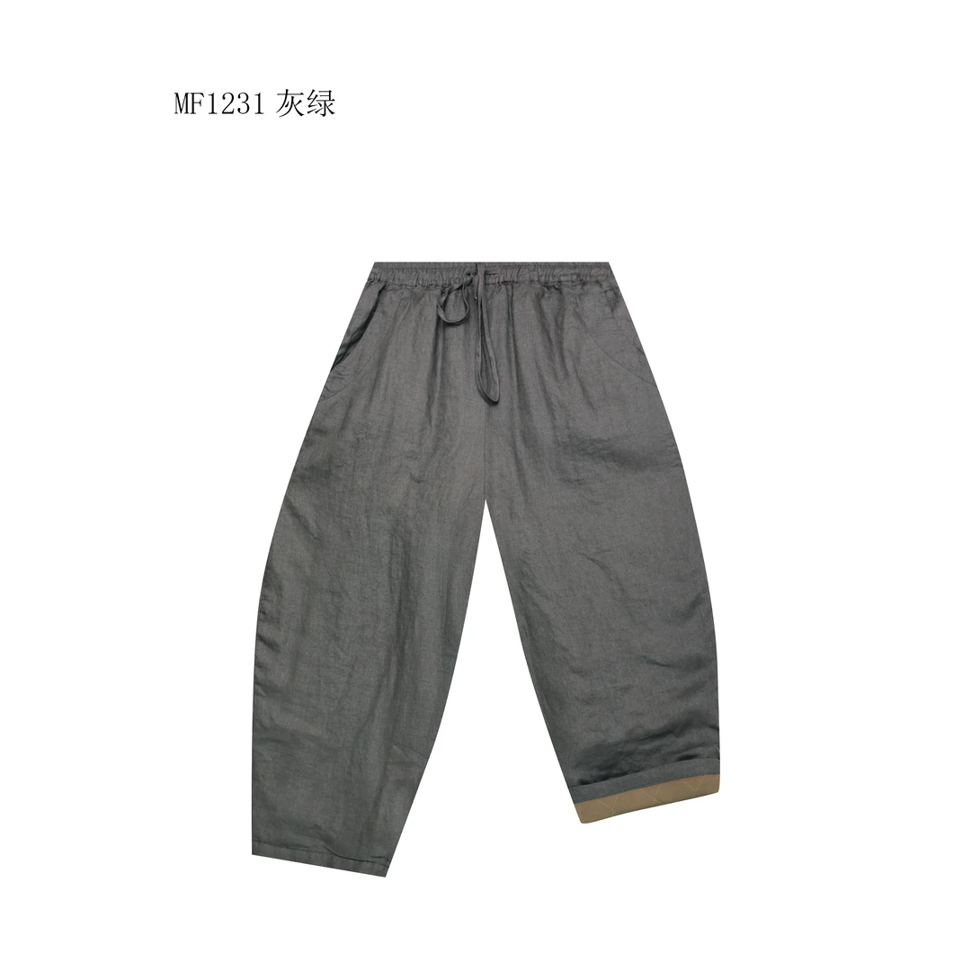 【麻訪家】MF1231灰绿文艺复古宽松保暖休闲百搭加厚麻棉裤
