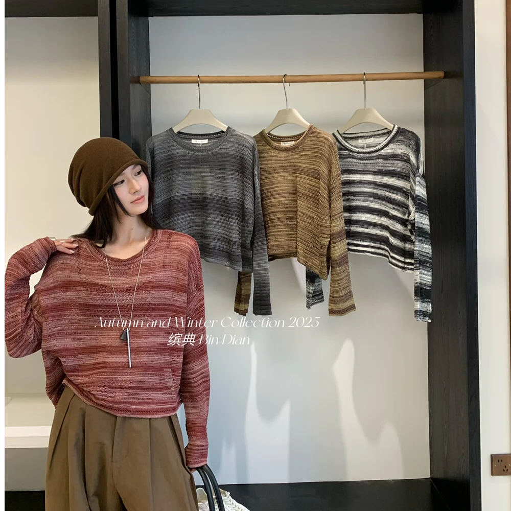 欧洲站复古条纹渐变撞色镂空长袖针织衫上衣罩衫慵懒风软糯毛衣女