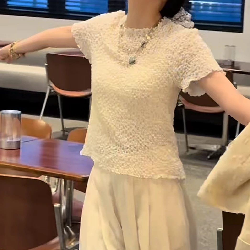 泡泡纱设计感褶皱弹力短袖T恤女春夏季2025上衣13582