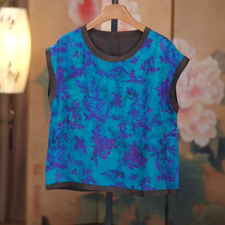 欢鹊-新中式国风气质圆领蓝紫色飞飞袖小衫